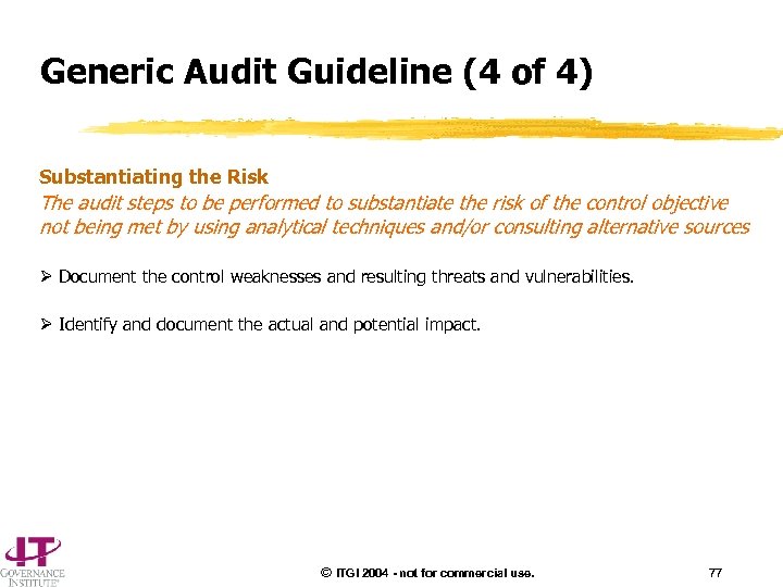 Generic Audit Guideline (4 of 4) Substantiating the Risk The audit steps to be