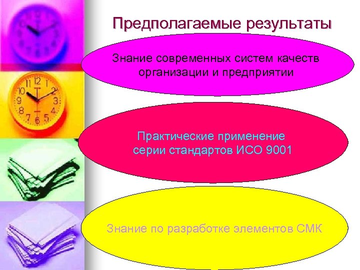 Предполагаемые результаты Знание современных систем качеств организации и предприятии Практические применение серии стандартов ИСО