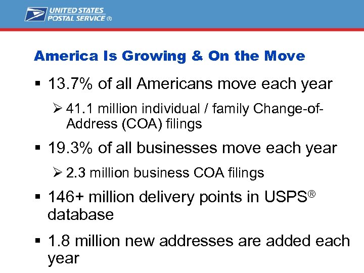 America Is Growing & On the Move § 13. 7% of all Americans move