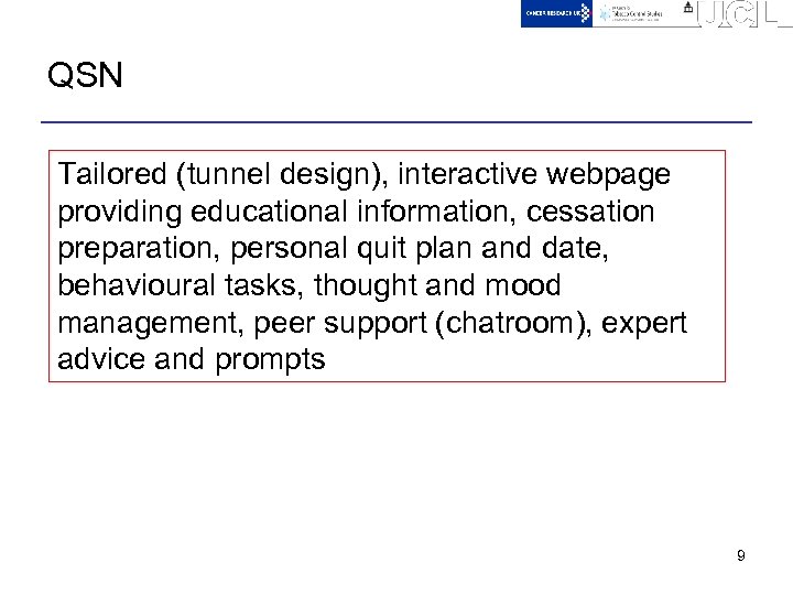 QSN Tailored (tunnel design), interactive webpage providing educational information, cessation preparation, personal quit plan
