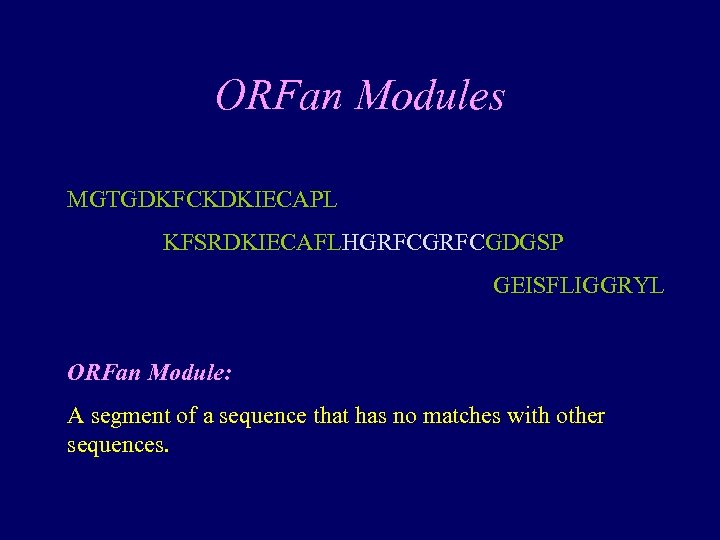 ORFan Modules MGTGDKFCKDKIECAPL KFSRDKIECAFLHGRFCGDGSP GEISFLIGGRYL ORFan Module: A segment of a sequence that has