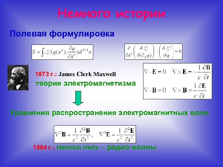 Немного истории Полевая формулировка • 1873 г. : James Clerk Maxwell теория электромагнетизма Уравнения