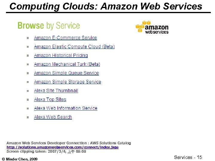 Computing Clouds: Amazon Web Services Developer Connection : AWS Solutions Catalog http: //solutions. amazonwebservices.