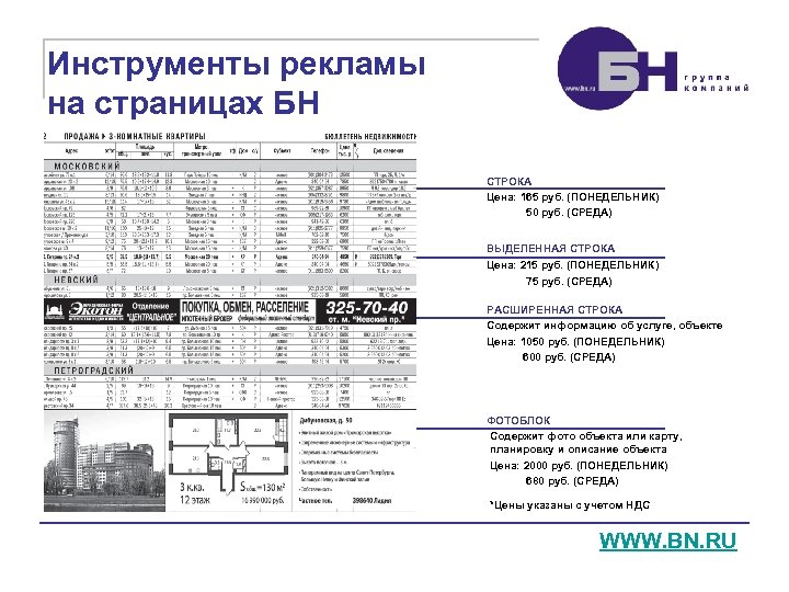 Инструменты рекламы на страницах БН СТРОКА Цена: 165 руб. (ПОНЕДЕЛЬНИК) 50 руб. (СРЕДА) ВЫДЕЛЕННАЯ