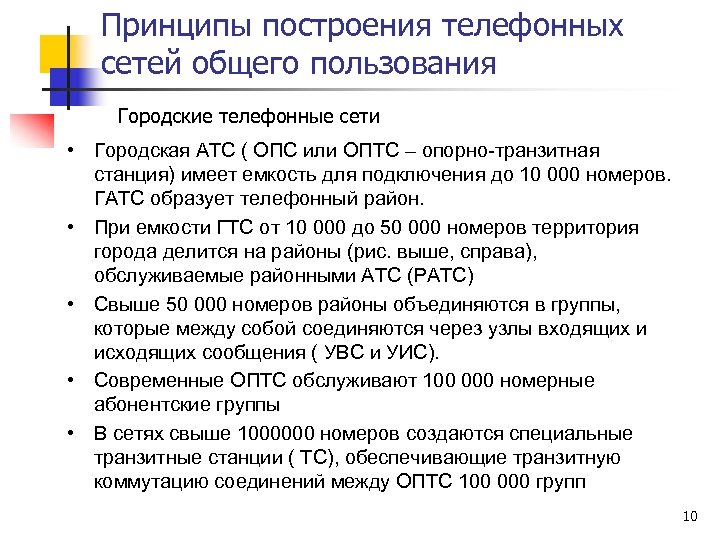 Принципы построения телефонных сетей общего пользования Городские телефонные сети • Городская АТС ( ОПС