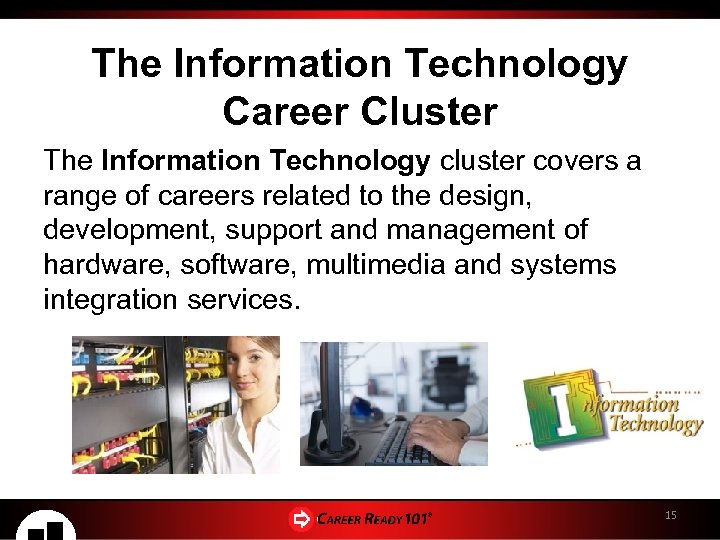 The Information Technology Career Cluster The Information Technology cluster covers a range of careers