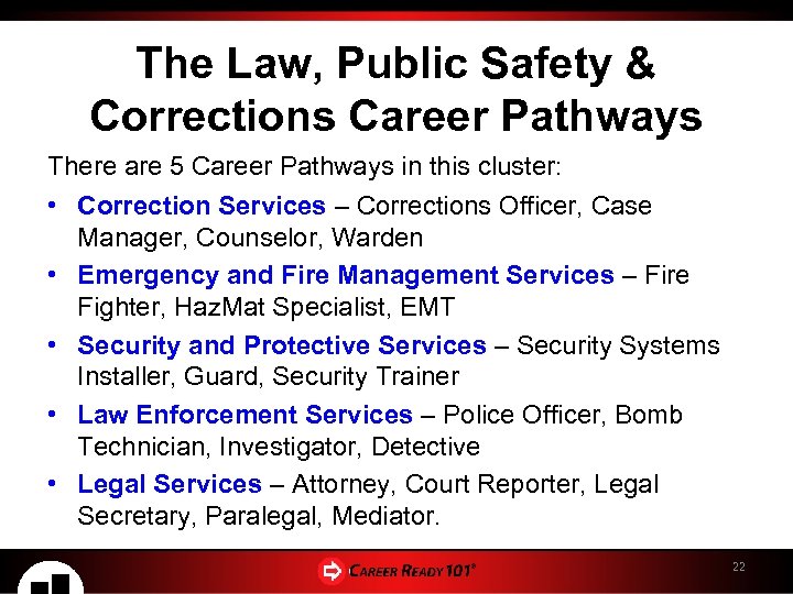 The Law, Public Safety & Corrections Career Pathways There are 5 Career Pathways in