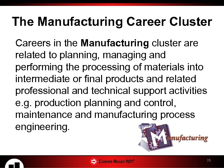 The Manufacturing Career Cluster Careers in the Manufacturing cluster are related to planning, managing