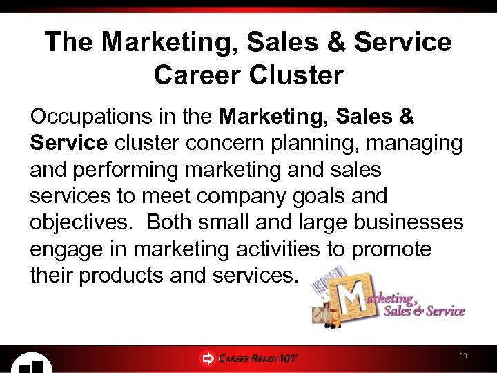 The Marketing, Sales & Service Career Cluster Occupations in the Marketing, Sales & Service