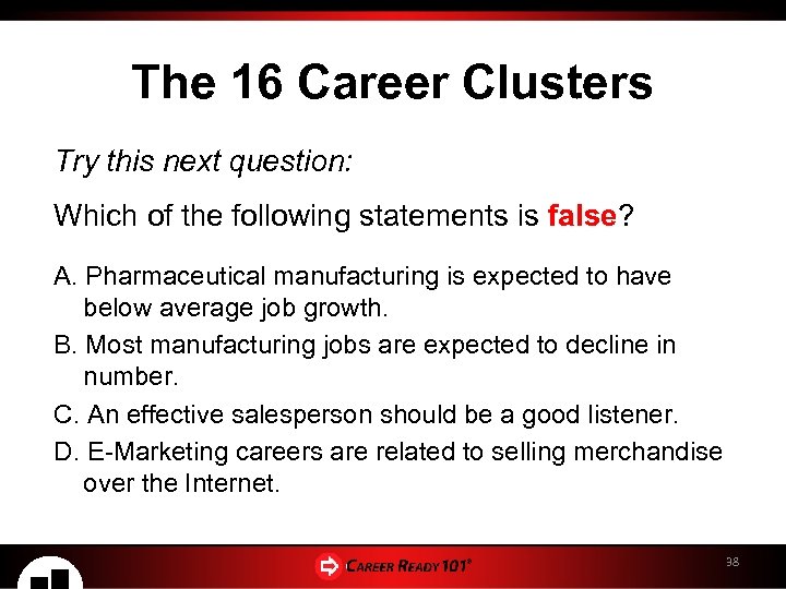 The 16 Career Clusters Try this next question: Which of the following statements is