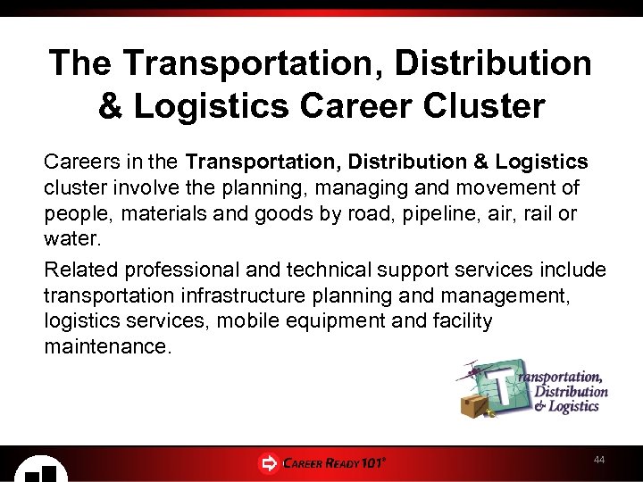 The Transportation, Distribution & Logistics Career Cluster Careers in the Transportation, Distribution & Logistics