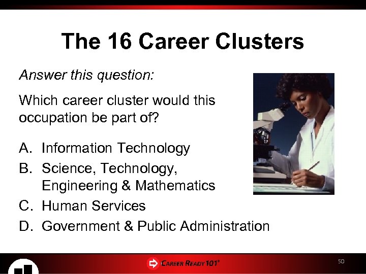 The 16 Career Clusters Answer this question: Which career cluster would this occupation be