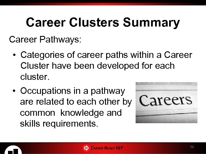 Career Clusters Summary Career Pathways: • Categories of career paths within a Career Cluster