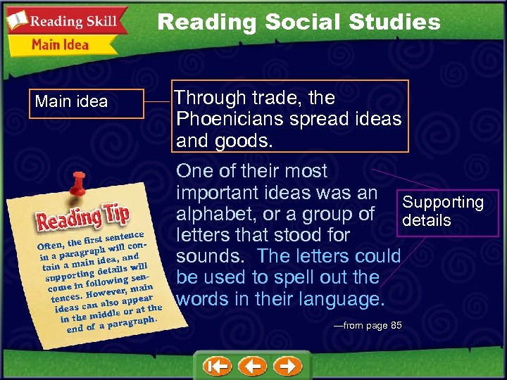 Reading Social Studies Main idea Through trade, the Phoenicians spread ideas and goods. One