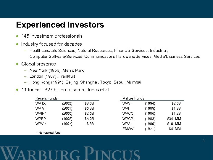 Experienced Investors · 145 investment professionals · Industry focused for decades - Healthcare/Life Sciences,