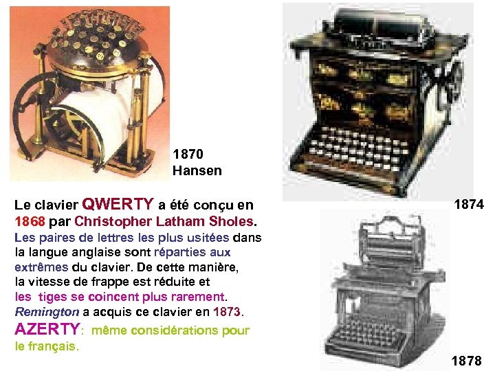 1870 Hansen Le clavier QWERTY a été conçu en 1868 par Christopher Latham Sholes.