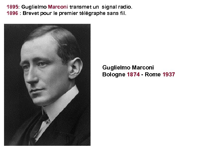 1895: Guglielmo Marconi transmet un signal radio. 1896 : Brevet pour le premier télégraphe