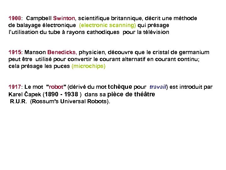 1908: Campbell Swinton, scientifique britannique, décrit une méthode de balayage électronique (electronic scanning) qui