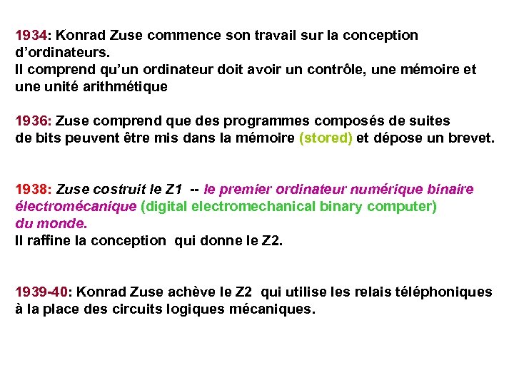 1934: Konrad Zuse commence son travail sur la conception d’ordinateurs. Il comprend qu’un ordinateur