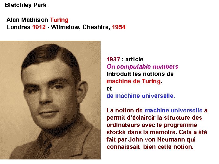 Bletchley Park Alan Mathison Turing Londres 1912 - Wilmslow, Cheshire, 1954 1937 : article
