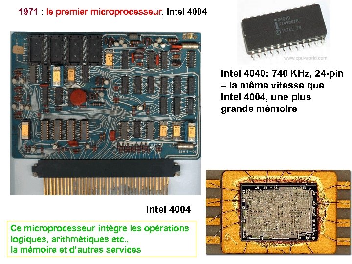 1971 : le premier microprocesseur, Intel 4004 Intel 4040: 740 KHz, 24 -pin –
