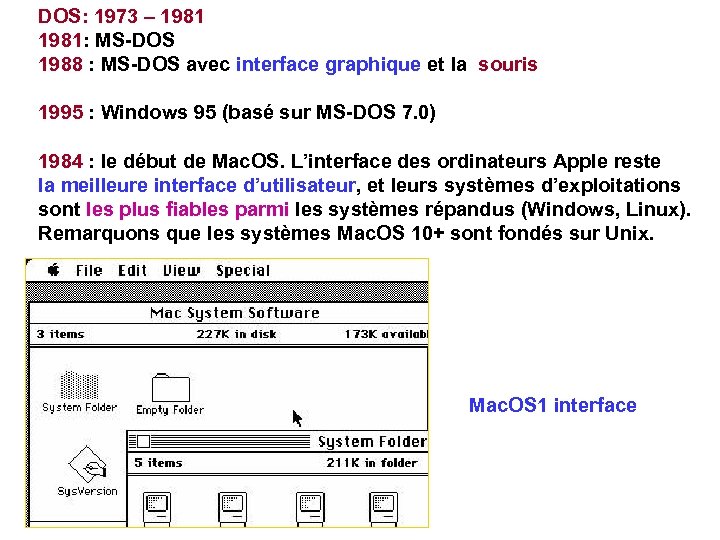 DOS: 1973 – 1981: MS-DOS 1988 : MS-DOS avec interface graphique et la souris