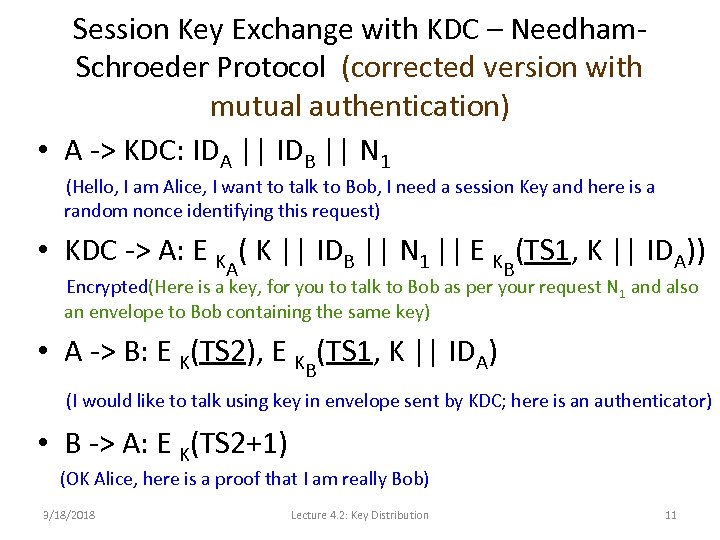 Session Key Exchange with KDC – Needham. Schroeder Protocol (corrected version with mutual authentication)