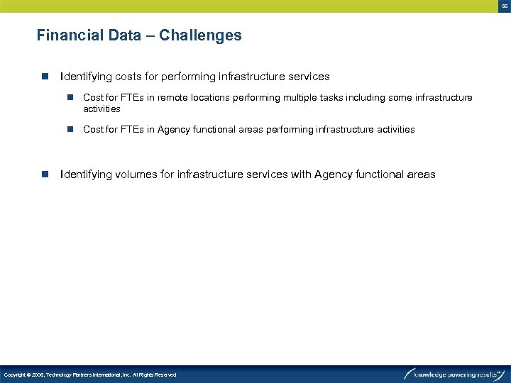 56 Financial Data – Challenges n Identifying costs for performing infrastructure services n Cost