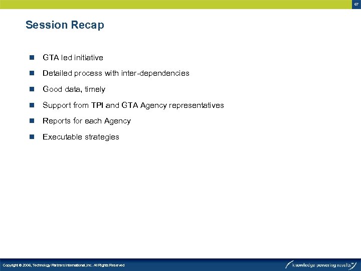 67 Session Recap n GTA led initiative n Detailed process with inter-dependencies n Good