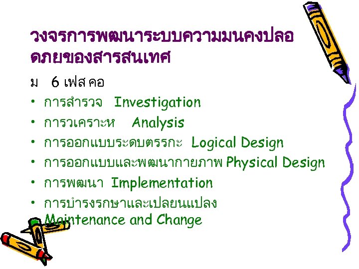 วงจรการพฒนาระบบความมนคงปลอ ดภยของสารสนเทศ ม • • • 6 เฟส คอ การสำรวจ Investigation การวเคราะห Analysis การออกแบบระดบตรรกะ