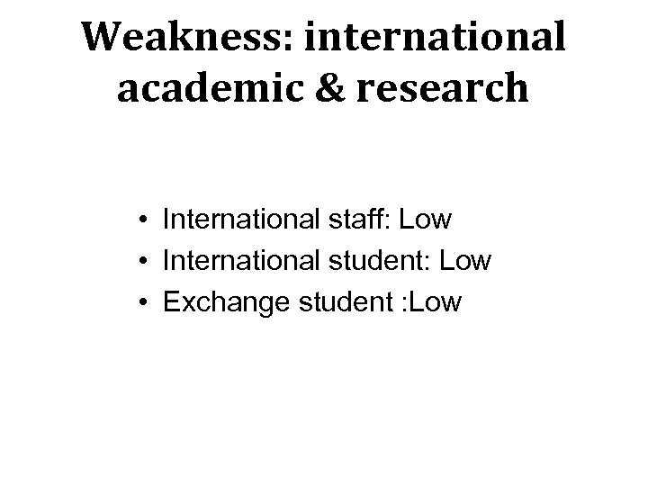 Weakness: international academic & research • International staff: Low • International student: Low •