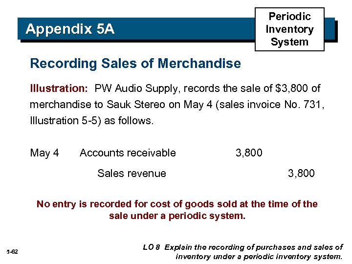 Periodic Inventory System Appendix 5 A Recording Sales of Merchandise Illustration: PW Audio Supply,
