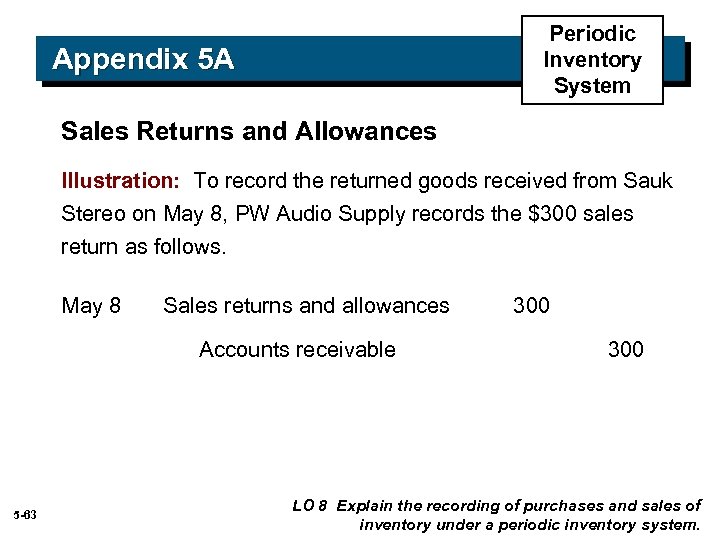 Periodic Inventory System Appendix 5 A Sales Returns and Allowances Illustration: To record the