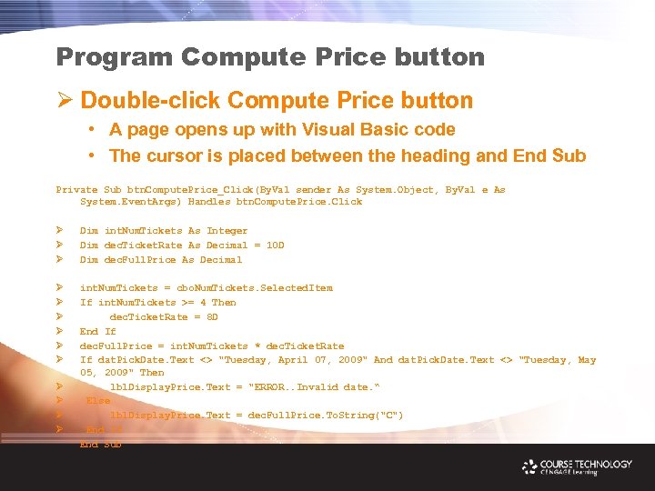 Program Compute Price button Ø Double-click Compute Price button • A page opens up