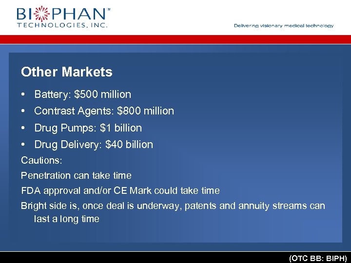 Other Markets • Battery: $500 million • Contrast Agents: $800 million • Drug Pumps: