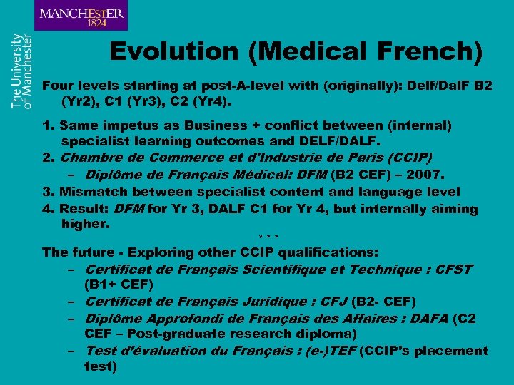 Evolution (Medical French) Four levels starting at post-A-level with (originally): Delf/Dal. F B 2