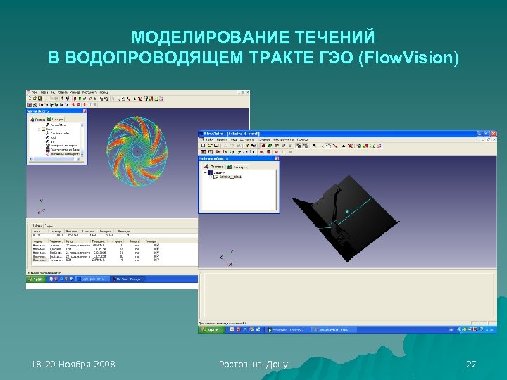 МОДЕЛИРОВАНИЕ ТЕЧЕНИЙ В ВОДОПРОВОДЯЩЕМ ТРАКТЕ ГЭО (Flow. Vision) 18 -20 Ноября 2008 Ростов-на-Дону 27