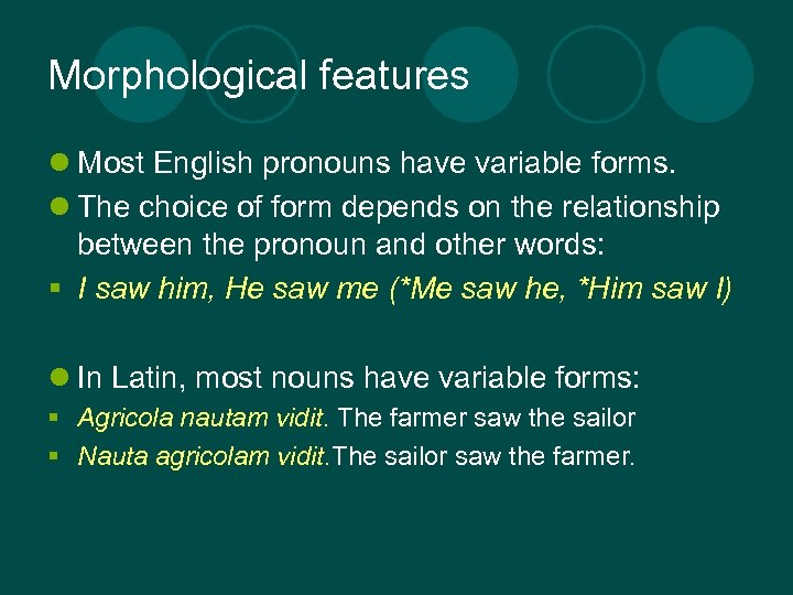 Morphological features l Most English pronouns have variable forms. l The choice of form