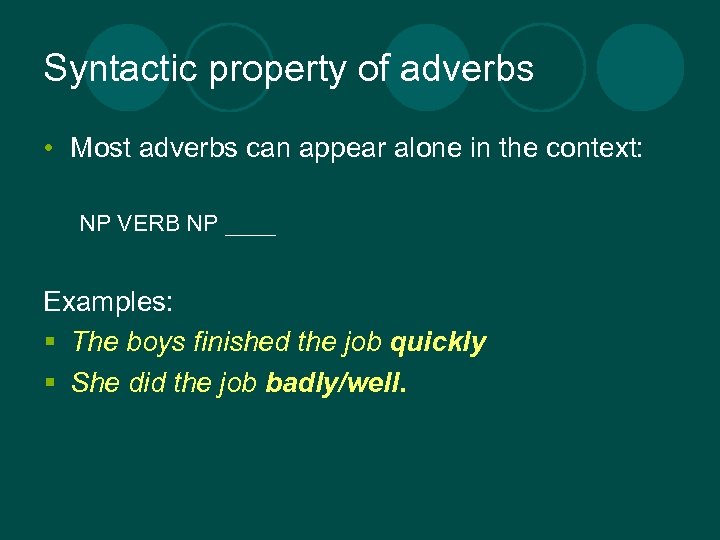 Syntactic property of adverbs • Most adverbs can appear alone in the context: NP