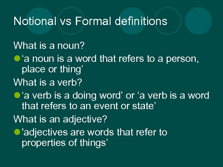 Notional vs Formal definitions What is a noun? l ‘a noun is a word