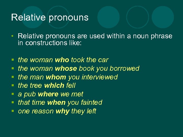 Relative pronouns • Relative pronouns are used within a noun phrase in constructions like: