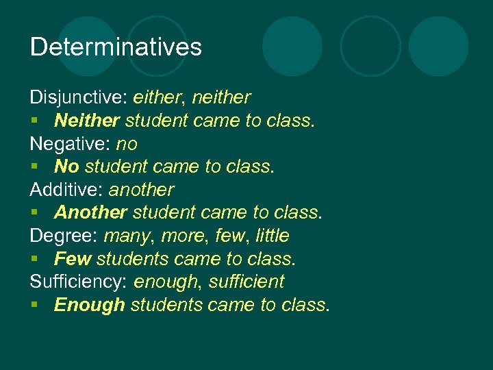 Determinatives Disjunctive: either, neither § Neither student came to class. Negative: no § No