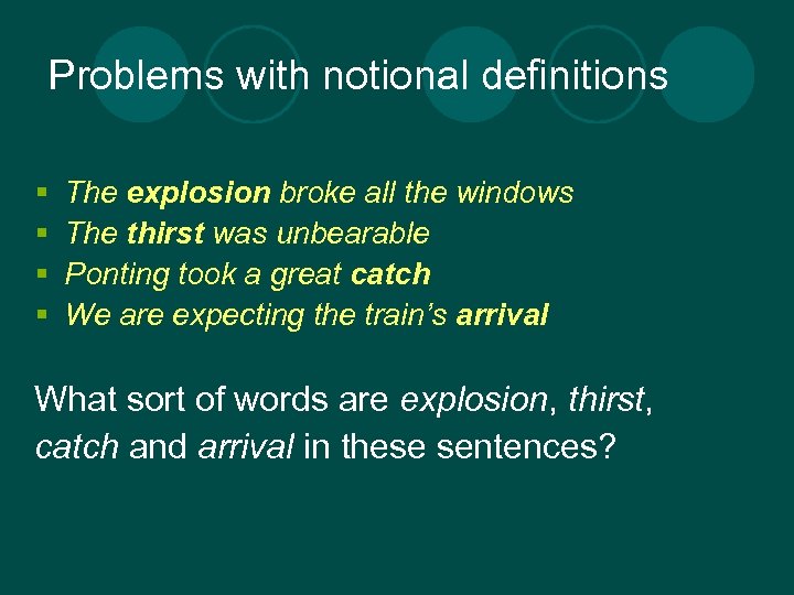 Problems with notional definitions § § The explosion broke all the windows The thirst