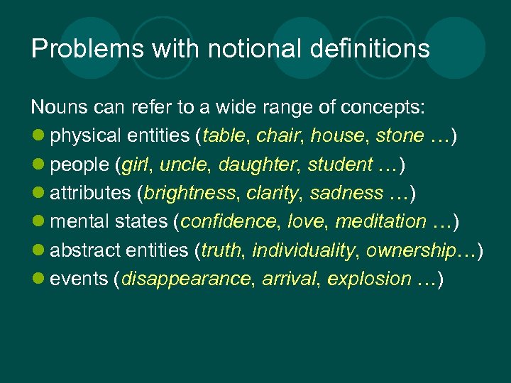 Problems with notional definitions Nouns can refer to a wide range of concepts: l