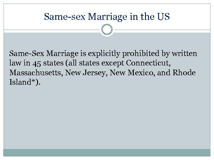 Same-sex Marriage in the US Same-Sex Marriage is explicitly prohibited by written law in