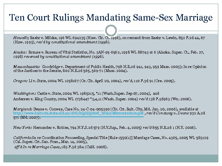 Ten Court Rulings Mandating Same-Sex Marriage Hawaii: ; Baehr v. Miicke, 196 WL 694235