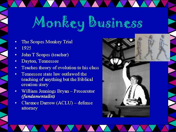 Monkey Business • • • The Scopes Monkey Trial 1925 John T Scopes (teacher)