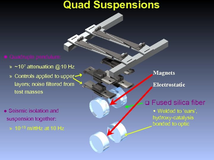Quad Suspensions Quadruple pendulum: » ~107 attenuation @10 Hz Magnets » Controls applied to