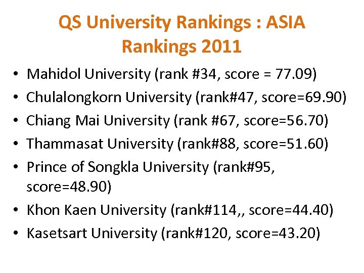 QS University Rankings : ASIA Rankings 2011 Mahidol University (rank #34, score = 77.