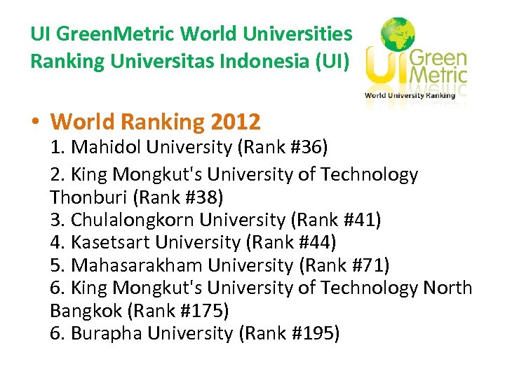 UI Green. Metric World Universities Ranking Universitas Indonesia (UI) • World Ranking 2012 1.
